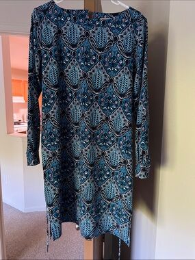 LOFT Teal Navy and Pink Long Sleeve Printed Shift Dress